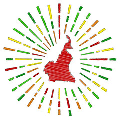 Sketch map of Cameroon. Sunburst around the country in flag colors. Hand drawn Cameroon shape with sun rays on white background. Vector illustration.