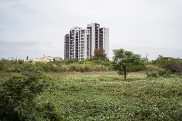 Fototapeta na wymiar lonely tall apartment building in the middle of green field with tree