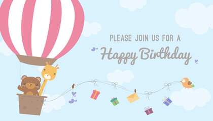 hot air balloon birthday card template vector/illustration,Birthday greeting cards with cute animals. Funny animals on hot air balloon,Vector illustration.