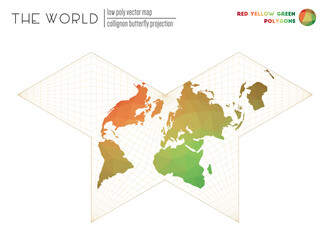 Abstract geometric world map. Collignon butterfly projection of the world. Red Yellow Green colored polygons. Creative vector illustration.