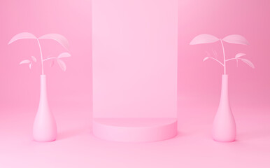 Abstract geometric shapes with tropical plant leaves. 3d pastel podium on pink background. 3d rendering for mockup, banner, showcase, display. Creative idea minimal scene. Valentines theme design.