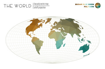 Polygonal map of the world. Aitoff projection of the world. Brown Blue Green colored polygons. Neat vector illustration.