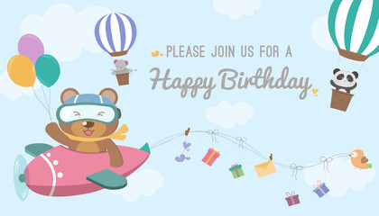 hot air balloon birthday card template vector/illustration,Birthday greeting cards with cute animals. Funny animals on hot air balloon,Vector illustration.