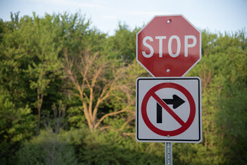 no-right-turn stop sign on the road in the countryside