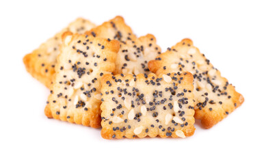 Square poppy seeds and sesame crackers isolated on white background. Dry cracker cookies isolated. Salty snacks isolated.