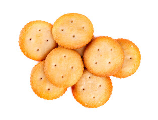 Cracker isolated on white background. Dry cracker cookies isolated. Salty snacks isolated. Top view.
