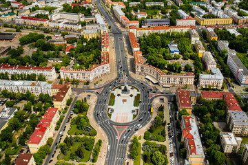 Obraz na płótnie Canvas Top view of Victory square in Minsk.Bird's-eye view of the city of Minsk and victory square.Belarus.