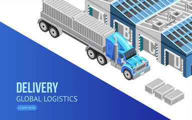 Isometric design of net page with truck and storage buildings for promotion of delivery service
