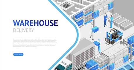 Contemporary webpage design in isometry showing information about warehouse delivery