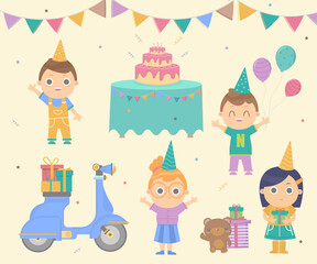 Obraz na płótnie Canvas Girls and boys Prepare a birthday party with cakes And a scooter to send gifts.Vector Illustration.Party invitation card.Birthday party set cartoon.