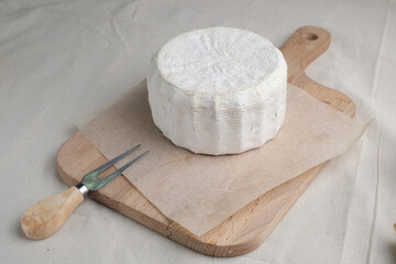 Homemade cheese on wooden plate at light background.