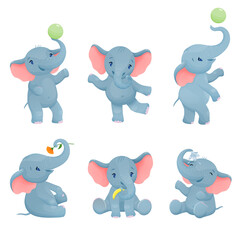 Set cartoon baby elephants on white isolated. Little elephants playing in different positions.