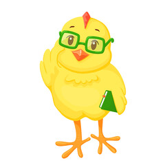 Cute friendly chicken in glasses and with the book