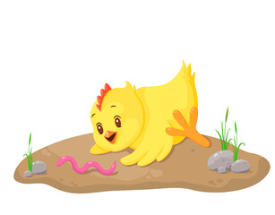 Cute cartoon chicken baby sitting on clover grass with ladybirds