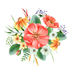 Watercolor hand painted bouquet with red rosehip, allium, helenium, leaves. Flower design for label, planer, sticker, wedding invitation, save the date or greeting. Isolated on white background.