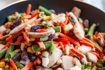 Assorted frozen vegetables in a pan in a sunflower