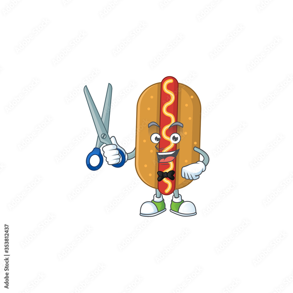 Poster a picture of hotdog barber cartoon character working with scissor