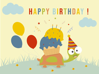 Turtles have cupcakes and balloons walking in the jungle to a birthday party. Vector illustrator. Party invitation card. Birthday party set cartoon.