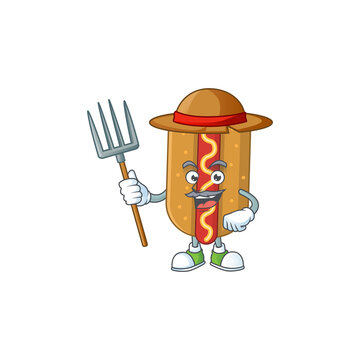 Caricature picture of Farmer hotdog with hat and pitchfork