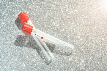 vacutainer for collecting blood material in laboratory. Top view.