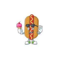 Happy face of hotdog cartoon mascot having an ice cream