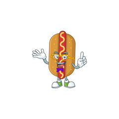 Cartoon character design of nerd hotdog with weird glasses
