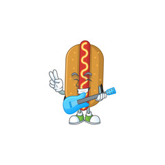 Hotdog cartoon character style plays music with a guitar