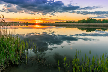 Scenic view at beautiful spring sunset on a shiny lake with green reeds, bushes, grass, golden sun rays, calm water ,deep blue cloudy sky and glow on a background, spring sunset landscape