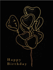 Lettering happy Birthday. Beautiful greeting card scratched calligraphy text word gold heart balloon. Minimalist Black design with pops gold, banner, poster template and photo overlays. Media social