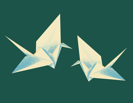 
Origami crane vector stock illustration with texture. Paper figure bird crane. Attribute of Asian culture. Hobby. Origami bird retro paper design element. Stylized vector image.