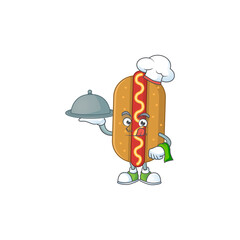 A hotdog chef cartoon mascot design with hat and tray