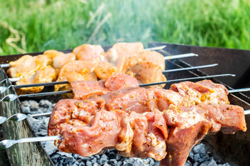 Raw meat cooking on skewers on barbecue grill. Close up.