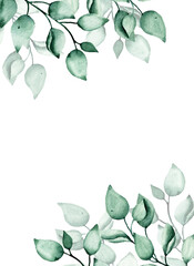 Floral leaf background for greeting card, invitation. Watercolor painting. Place for text.
