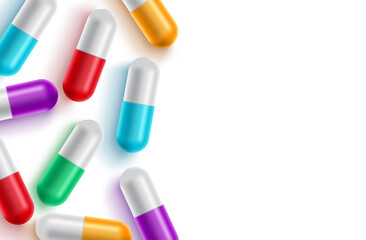 Medicine capsule vector background template. Medicine capsule and colorful drug pills with empty white space for text for medical prescriptions design background. Vector illustration.
