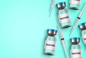 Vaccine and syringe vector background template. Vaccine bottles and syringe injection medicine with empty blank space for text for covid-19 coronavirus and other virus immunization and vaccination.
