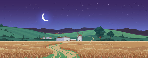 New moon above wheat fields flat color vector illustration © IMG visuals characte