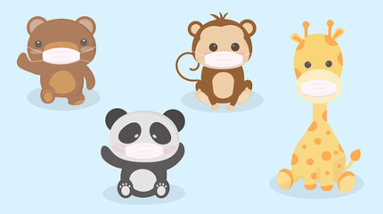 pets and animals wear surgical mask background.protect covid19 Virus and pm2.5 air pollution.vector illustration.animal sick wear surgical mask.