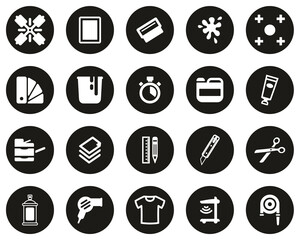 Screen Printing Icons White On Black Flat Design Circle Set Big