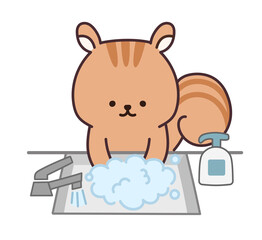 Squirrel washing his hands using a hand sanitizer. Vector illustration isolated on white background.