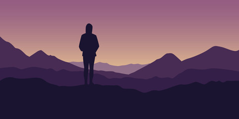 lonely girl enjoy the mountain view at purple landscape vector illustration EPS10