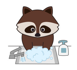 Racoon washing his hands using a hand sanitizer. Vector illustration isolated on white background.