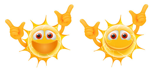 Happy Summer Sun Emoticon. Happy Sun Emoji. Summertime Illustration.  Isolated on white background.