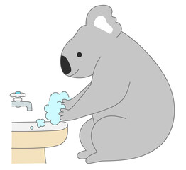 Koala bear washing his hands with soap. Vector illustration isolated on white background.