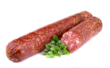 Smoked sausage salami isolated on a white background