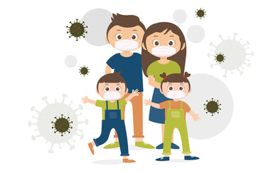 Obraz na płótnie Canvas The family is protecting children and them from the COVID-19 virus and wearing masks and stopping the spread of the virus.Coronavirus quarantine. Vector illustration