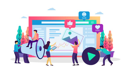 Vector flat illustration of social media ads marketing strategy, Online advertising. Suitable for web banner, ui, poster, flyer, mobile app.