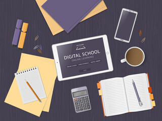 Desktop with tablet and school supplies. Online learning website page in tablet screen. Distance e-learning education, digital school. Modern technologies in education. Flat lay. Vector illustration