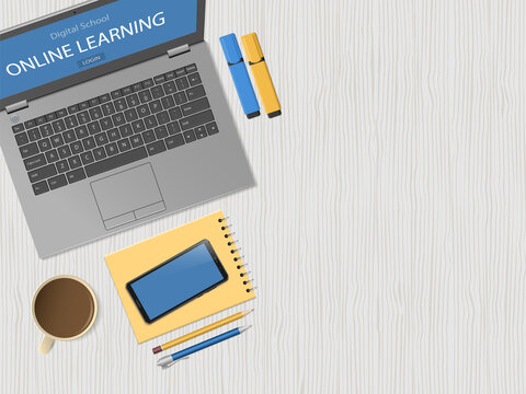 Desktop with laptop and school supplies. Online learning website page in computer screen. Distance e-learning education, digital school. Top view with copy space, flat lay. Vector illustration