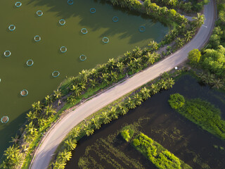 Aerial drone view of asphalt road with rural farmland landscape. Beautiful aerial landscape.