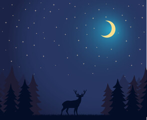 Obraz na płótnie Canvas Deer Walks in the Night Forest Vector Illustration